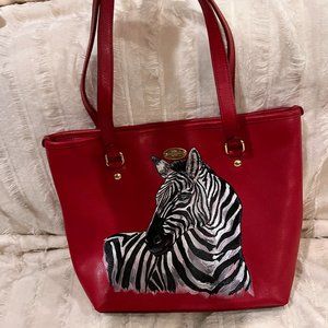 Coach Red Textured Leather Hand Painted Zebra Shoulder Bag One of a Kind